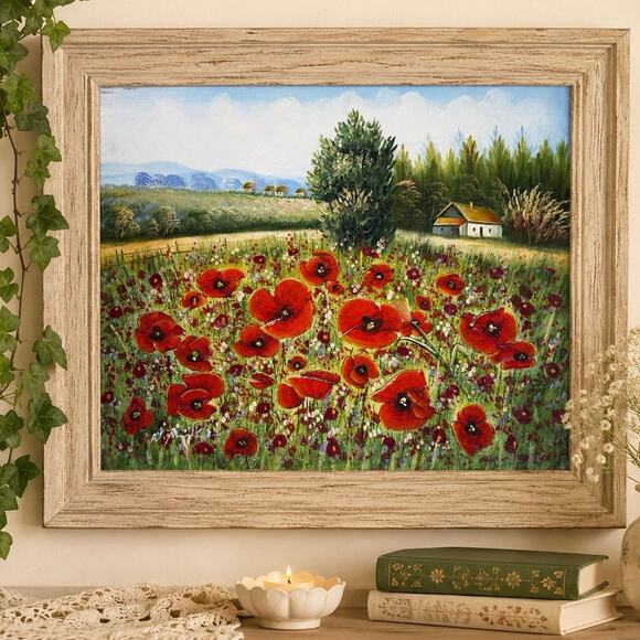 Unbranded Other - Original Field Of Poppies Hand Painted Scenic Country Landscape Impasto 20x24